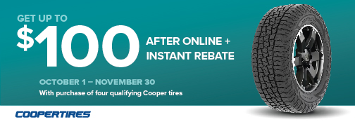 Cooper 4 Tire up to $100 Visa Card Mail in Rebate 10/1/2024 through 11/30/2024 rebate